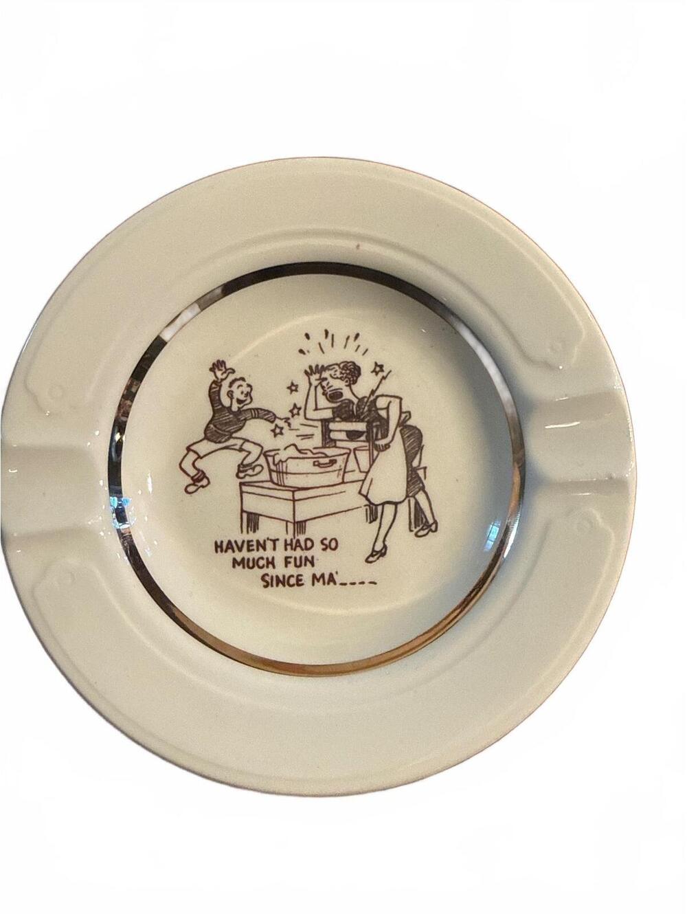 Vintage Ceramic Ashtray with Humorous Cartoon and Gold Trim